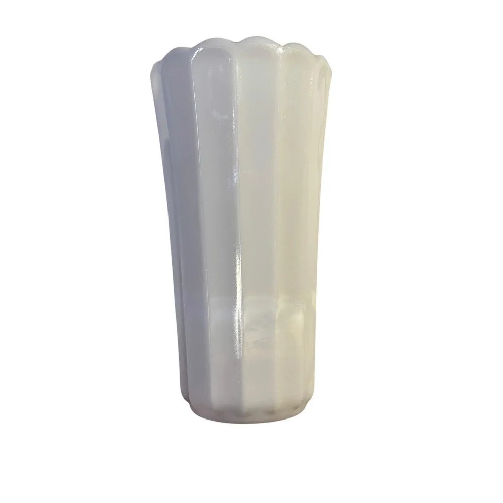 Vintage White Milk Glass Paneled Scalloped Rim Flower Vase 9 Inch Tapered Ribbed